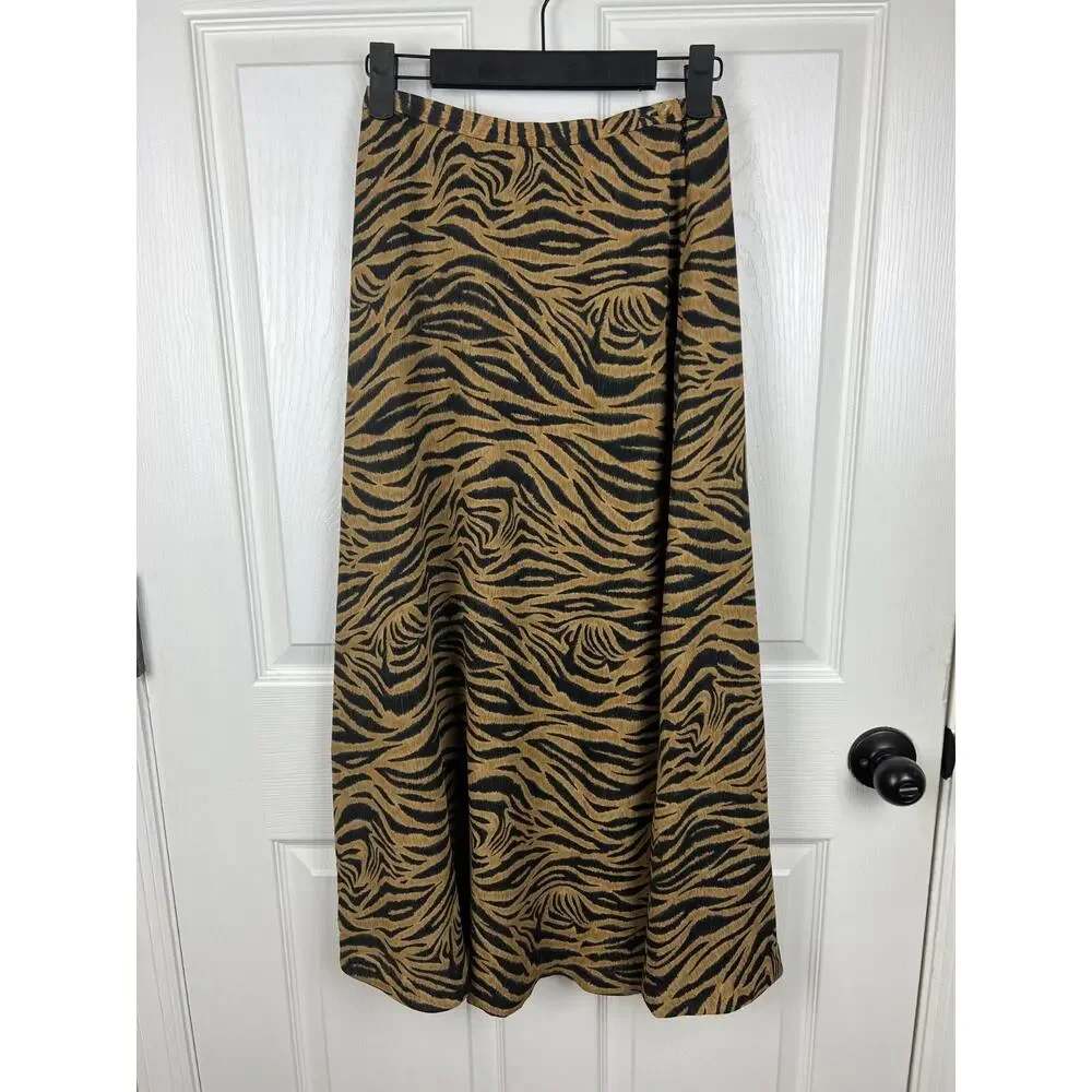 90s Aesthetic Rena Rowan Tiger‎ Stripe Maxi Skirt, 4P, Tan Black